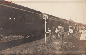 Postcard RPPC Railroad People Waiting to Board Train