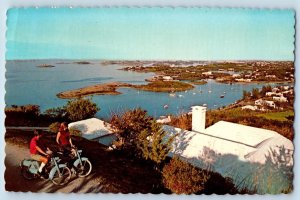 Bermuda Postcard Scene of Couple Biking River View 1972 Vintage Posted