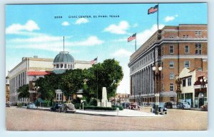 EL PASO, TX Texas ~ CIVIC CENTER Street Scene c1930s Cars Linen Postcard