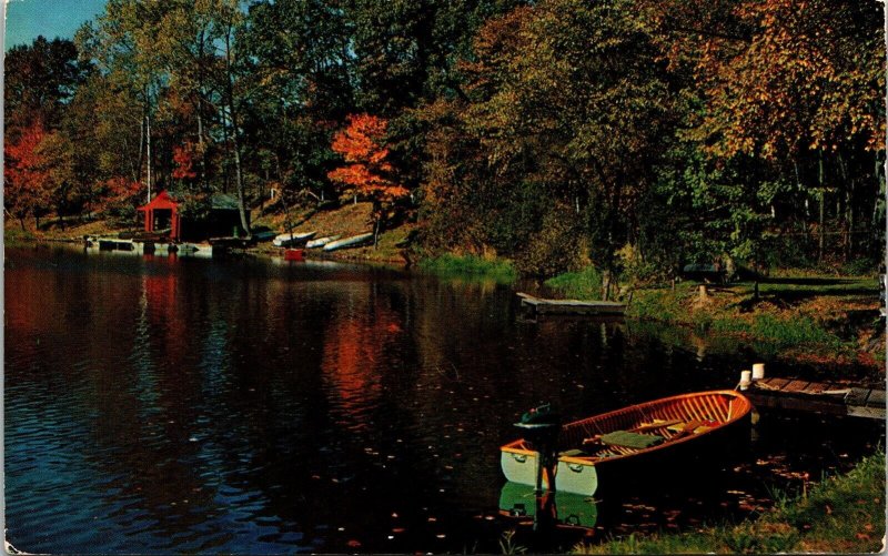 Boat Lake Fall Scene Postcard PM Wolseley Asak Canada Cancel WOB Note VTG 4c  