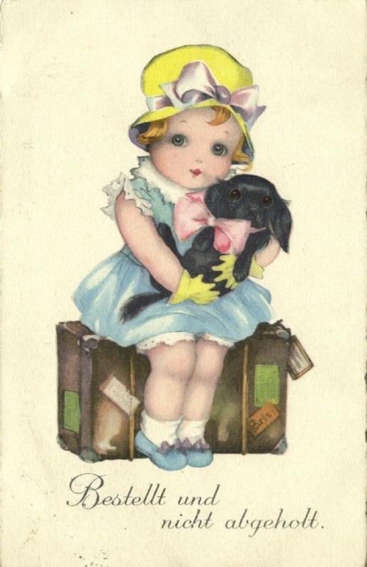 Little Girl with Dog on Suitcase Left Alone (1929) HWB Albaster Series 3603