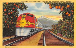 Santa Fe's, super chief, traveling through the orange groves CA, USA Railroad...