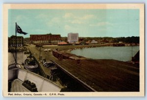 Port Arthur Ontario Canada Postcard Port Buildings Flag View c1940's Unposted