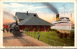 Postcard Union Railroad Station Depot in Soo, Michigan Train and Steamship Dock