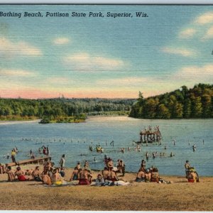 c1940s Superior, Wis. Pattison State Park Bathing Beach Peoples Swimming WI A203