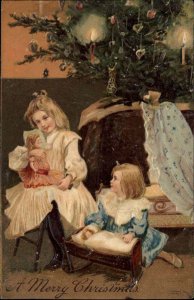 PFB No 6493 Christmas Little Girls Playing Antique Dolls Wooden Cradle