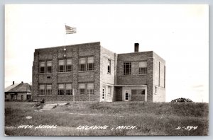 Engadine Michigan~Multicolor Brick High School~48 Star Flag~Distant Steps~RPPC
