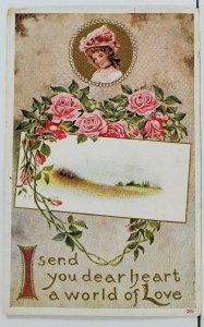 Romance Pretty Lady Roses Dearheart a World Of Love Gilded Emb Postcard L20