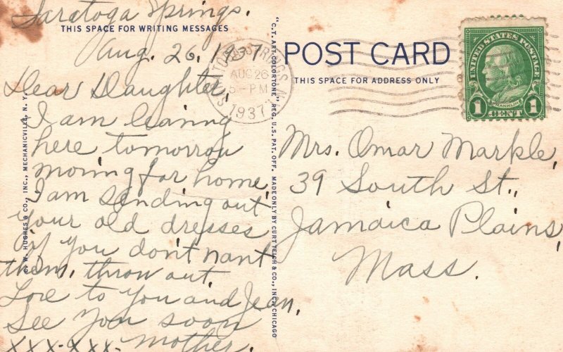 Vintage Postcard 1937 United States Hotel Saratoga Springs NY New York