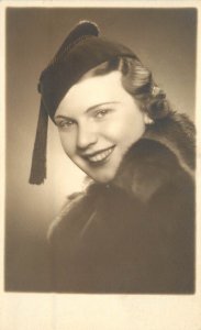 c1936 RPPC Portrait of Pretty Girl in Hat w/ Tassel, Zagreb Croatia, Unposted