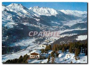 Modern Postcard St Moritz Hahnensee Bergrestaurant mit Blick ins Oberengadin