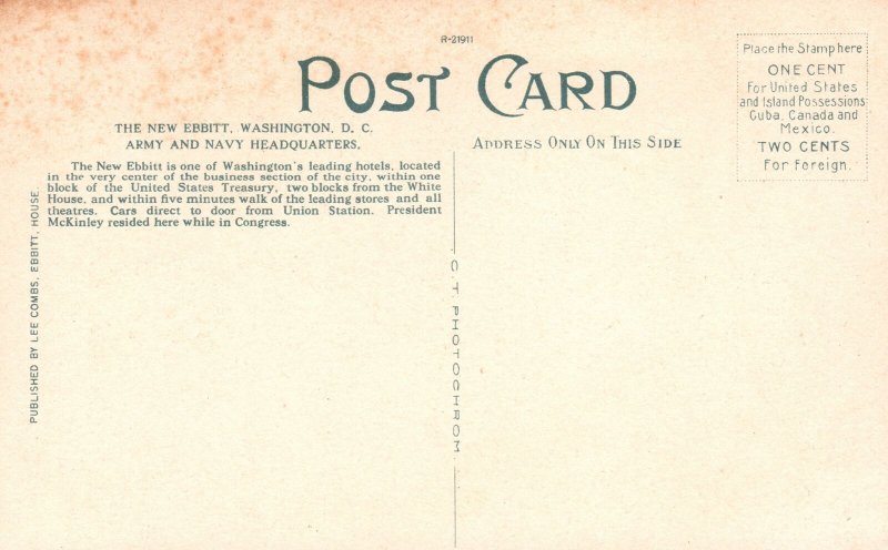 Vintage Postcard 1910's Army and Navy Headquarters The New Ebbitt Washington DC