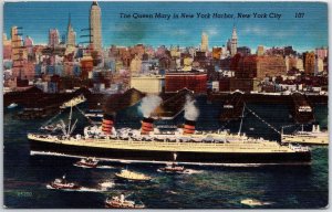 VINTAGE POSTCARD THE QUEEN MARY CRUISE LINER IN NEW YORK CITY HARBOR POSTED 1956