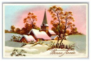 Quaint Church Winter Landscape Bonne Annee Happy New Year Postcard U22