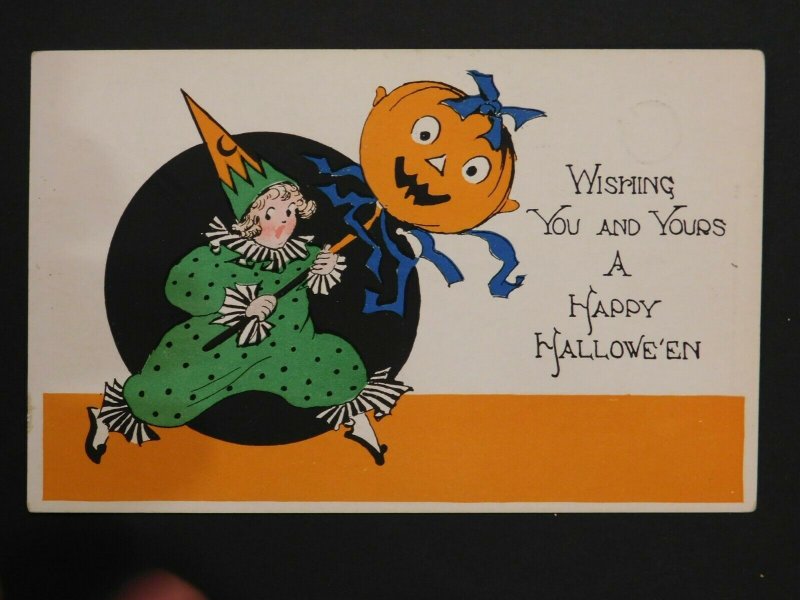 1920s Gibson Art Halloween Postcard Girl Dressed as Jester w/ Jack-O'-Lantern