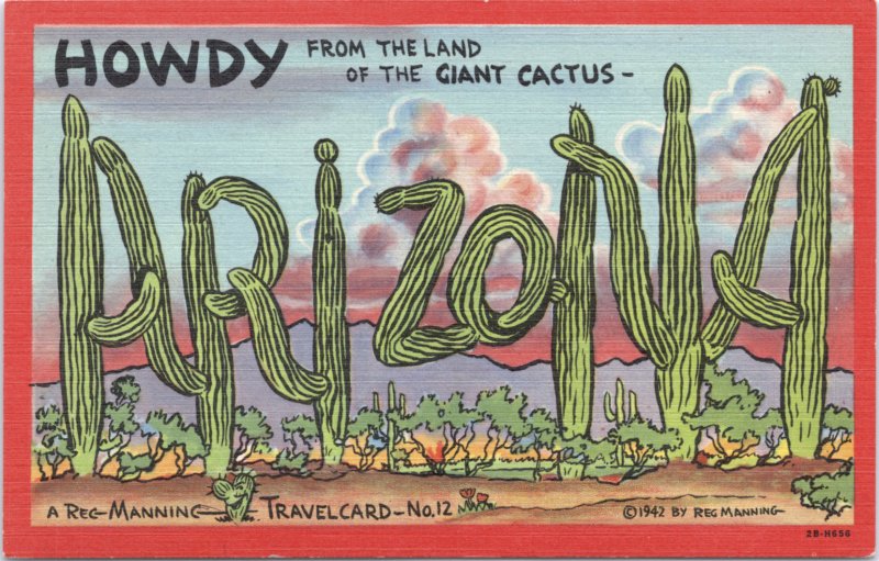 Large Letter Howdy from the land of the Giant Cactus-Reg Manning Travel Card 12