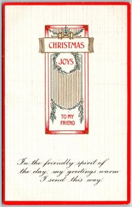 1914 Christmas Joys To My Friend Greetings Wishes With A Note Posted Postcard