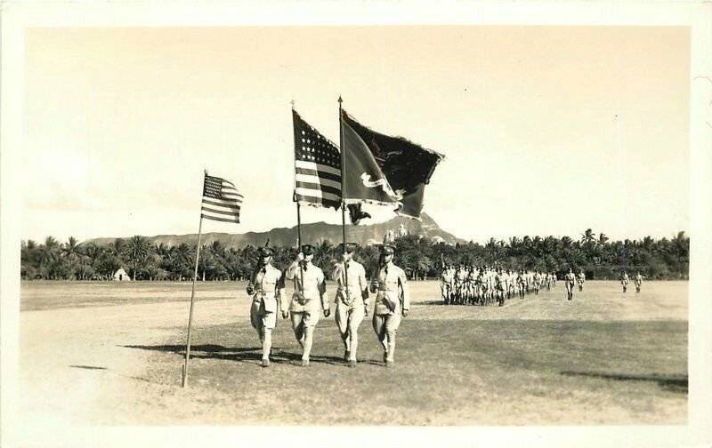 Diamond Head Soldiers Parade Military Hawaii RPPC Photo Postcard Flags 20-1122