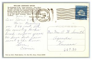 Birthplace William Jennings Bryan Salem Illinois Vintage Standard View Postcard 