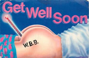 GET WELL SOON 1980 POSTCARD THERMOMETER IN REAR END ANUS 