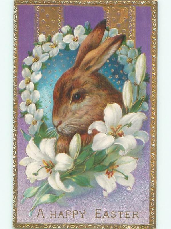 Pre-Linen Easter CUTE BUNNY RABBIT FACE WITH LILY FLOWERS AB3721