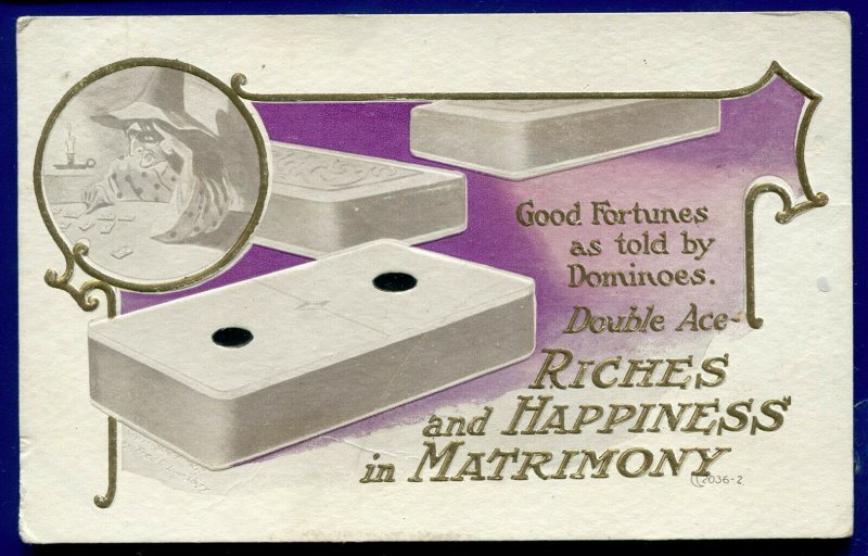 Fortune Telling Dominoes Double Ace Riches Happiness Matrimony Embossed Postcard