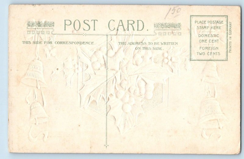 Christmas Postcard Holly Berries Ringing Bells Winsch Back Embossed c1910's