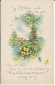 Wishes Beautiful Spring Country Cottage Scene 1920 Stecher Publishing Easter Gre