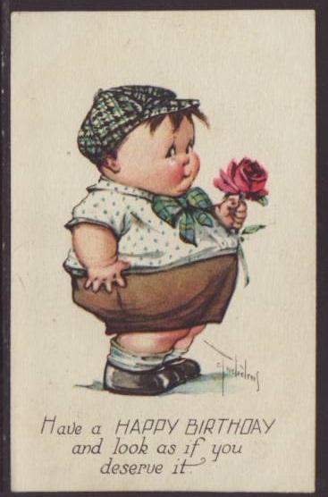 Happy Birthday,Boy Holding Flower,Artist Signed Postcard 