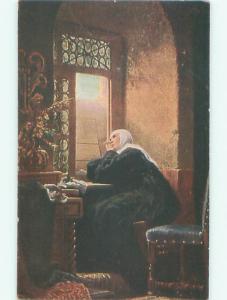 Pre-Linen foreign signed KUNTZ - NUN AT WINDOW PRAYING TO GOD - RELIGIOUS W7147