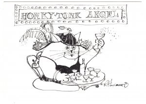 Honkytonk Angel Dressed Cat Drinking Cocktails, 1978 Hupman Illustration, Humour