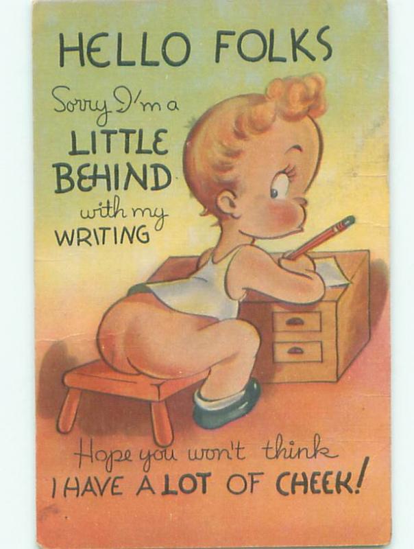 Linen Risque GIRL WITH BARE BUTT WRITING AT HER DESK AB6819