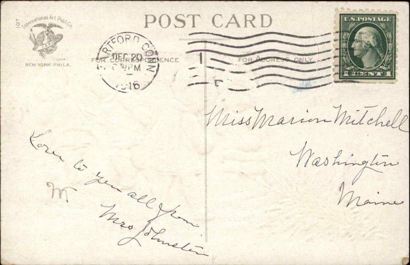 Christmas Children Pulling Tree Embossed Ellen Clapsaddle c1900s-20s Postcard