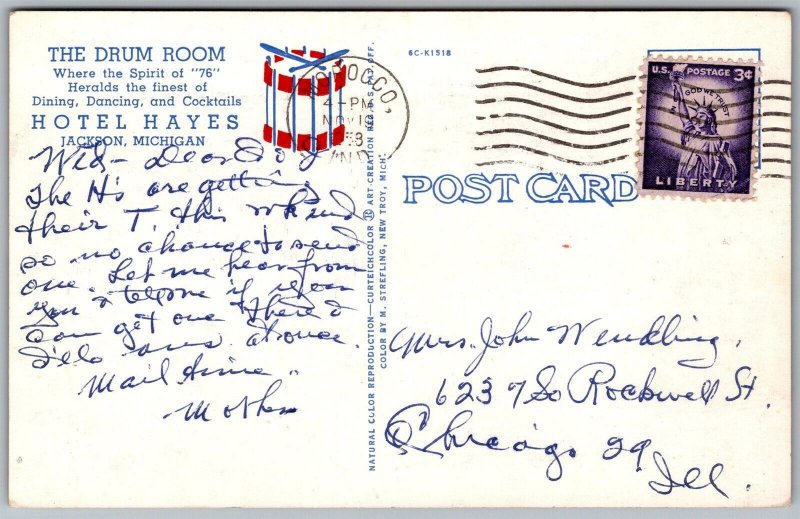 Vtg Jackson Michigan MI The Drum Room Restaurant Hotel Hayes 1950s View Postcard