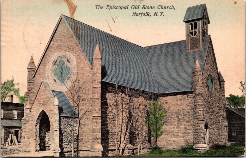 Episcopal Old Stone Church Norfolk NY New York Antique Postcard PM Cancel WOB 1c 