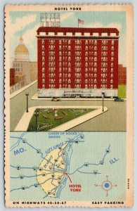 St Louis Missouri~Hotel York~City Highway Map~Route 66~City 66~Compas~1949 Linen 