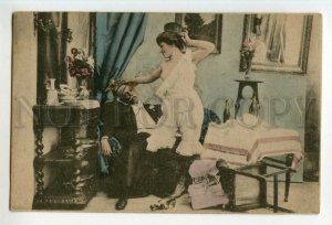 493114 BROTHEL Drunken Old Man & NUDE girl in Top Hat Vintage postcard