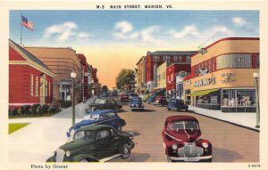 H48/ Marion Virginia Postcard Linen Main Street Autos Drug Store Post Office