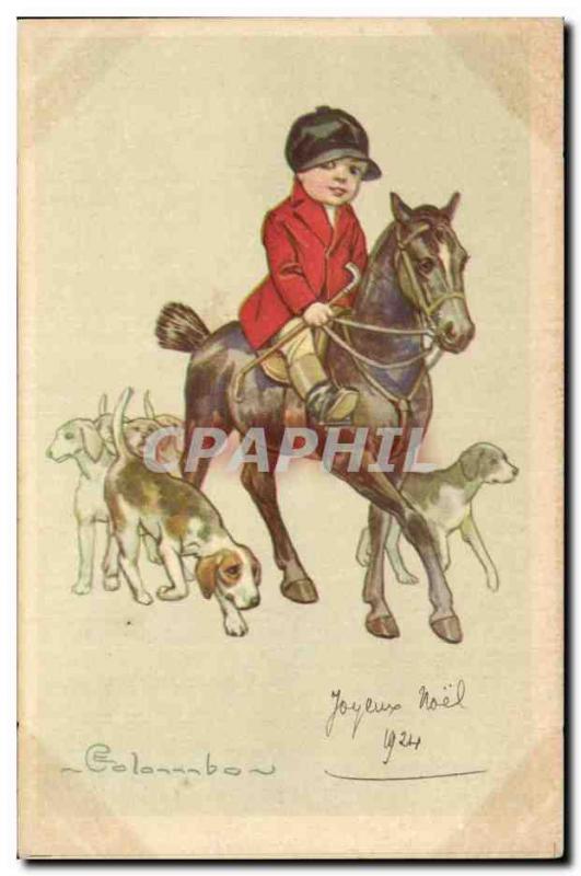 Postcard Old Child on horseback Hunting Dogs