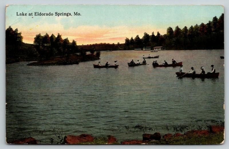 Eldorado Springs Missouri~Lake 5 Rowboats Cluster Around Island~Cabins~c1910 PC 