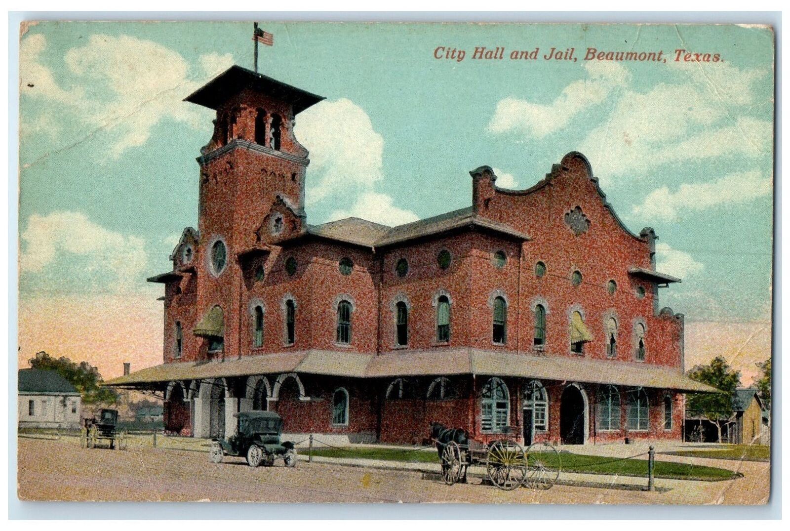 c1910 City Hall Jail Building Tower Horse Carriage Beaumont