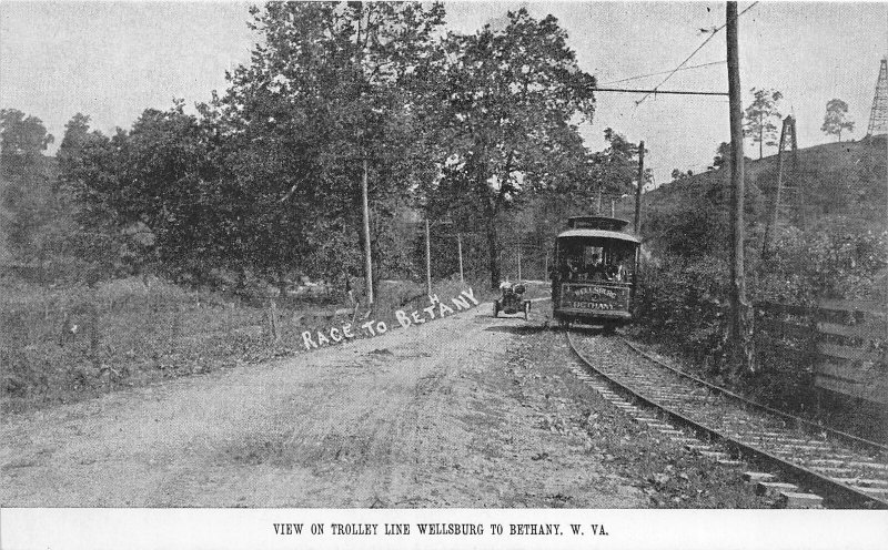 F42/ Wellsburg West Virginia Postcard c1910 Bethany Trolley Line Race