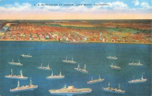 Long Beach California US Battleships at Anchor Linen Postcard Unused