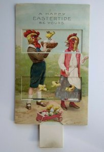 Easter Postcard German Mechanical Pull Tab Farm Boy Girl Humanized Roosters 