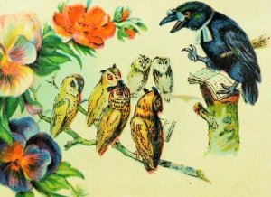 1870's Anthropomorphic Owls Crow Bird Lovely Embossed Die Cut Victorian Card F92