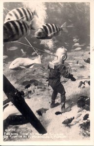 RPPC Marineland FL, Deep Sea Diver Feeding Fish, Aquarium, Kodak 1950-1960's