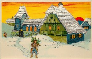 German Art Christmas Postcard 6161 Orange Sunset Silver Roofed Church Man & Tree