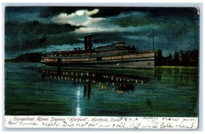 1907 Moonlight at Connecticut River Steamer Hartford Hartford CT Postcard