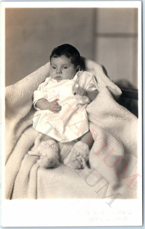 c1930s Niles, MI Cute Calm Baby RPPC Dark Hair Real Photo PC L.C. Vosburg A160