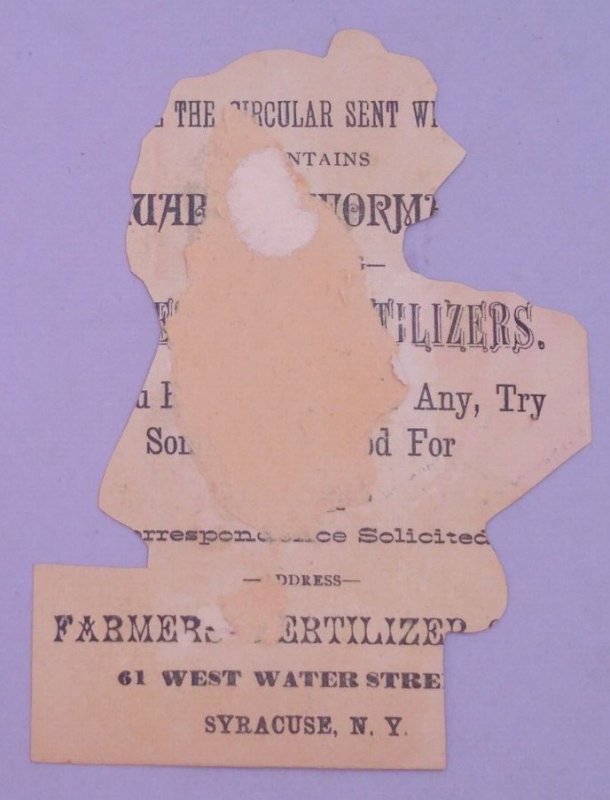 1800s Farmer's Fertilizer Agriculture Syracuse NY Die Cut Victorian Trade Card